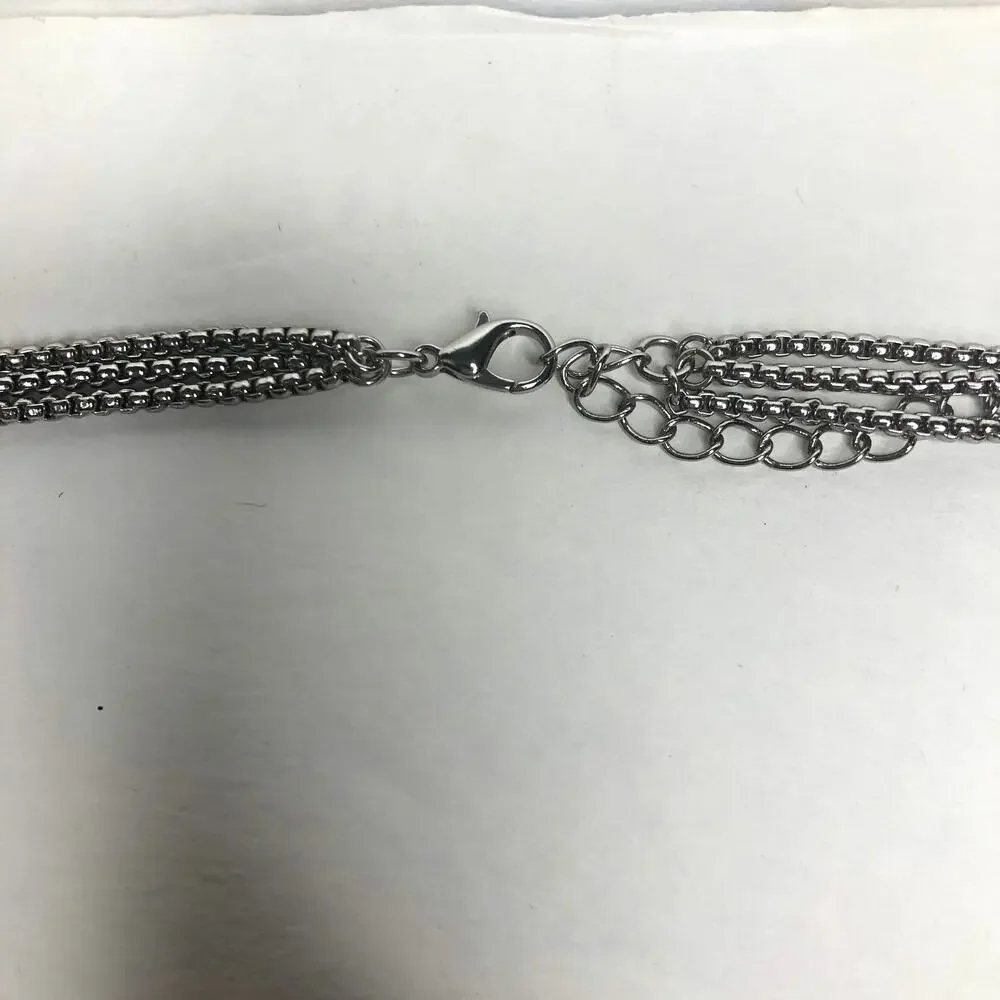 Layered Necklace with Pave Stone Embellished Beads Silver Tone Chain